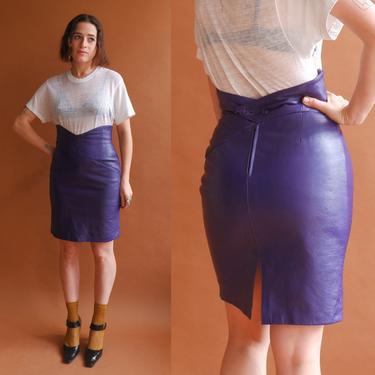 Vintage 80s Purple Leather Skirt/ 1980s High V Waist Fitted Pencil Skirt/ Size Small 26 