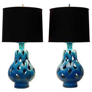 Mid Century Modern Hermes Blue Paisley Cutout Table Lamps