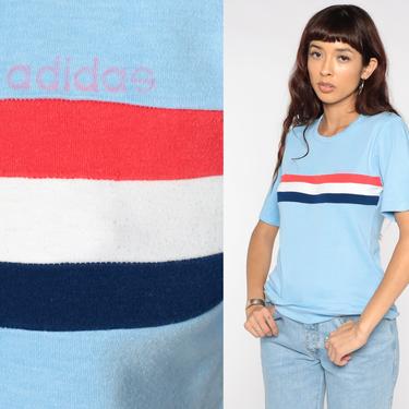 70s Adidas Shirt 80s Baby Blue Striped T Shirt Retro Tee Short Sleeve Vintage 1980s Sportswear Red White Blue Small 