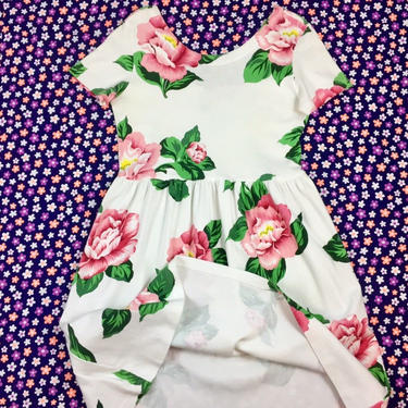 80's Adrienne Vittadini white magnolia floral print soft cotton dress 1980's 90's babydoll t-shirt dress / slip on / sun sport Dress  L 