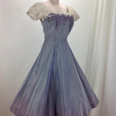 1950's Party Dress / Two-Tone Taffeta / Soutache Embroidery with Rhinestones &amp; Pearls / Nipped Waist Full Skirt / Size Small to Medium 