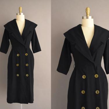 vintage 1950s dress | Classic Jet Black Soft Wool Fall Winter Cocktail Party Dress | Large | 50s vintage dress 