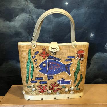 Vintage 1960s Novelty Ocean Fish Basket Bag Purse by Flair Fashions 