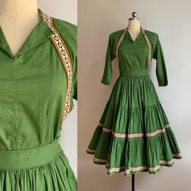 Vintage 1950s 50s 50's women's 2-piece light green top full circle skirt western patio set brown yellow diamond rickrack XS 38 bust 24 waist 