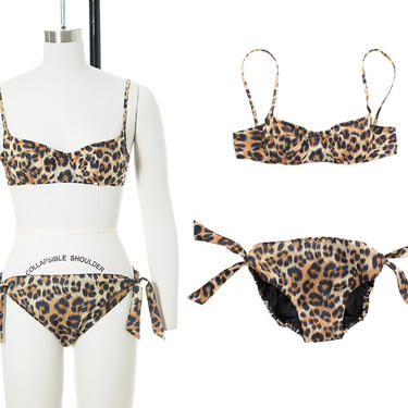 Vintage 1950s Bikini | 50s French Leopard Print Underwire Bra Top &amp; Low Rise Low Cut Tie Waist Bottoms Swimsuit (xs/small) 
