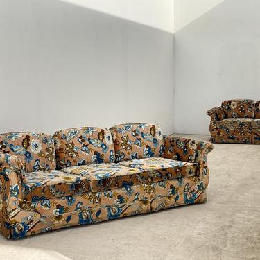1970s Tan & Blue Floral Velour Couch and Loveseat