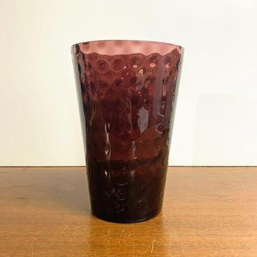 Vintage Amethyst Glass Optic Dot Large Flower Vase Hand Blown Art Glass 