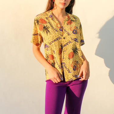 Vintage 50s Style ALOHA Made in California Pineapple and Ukulele Print Hawaiian Shirt | Made in USA | 100% Rayon | 1950s Loop Collar Shirt 