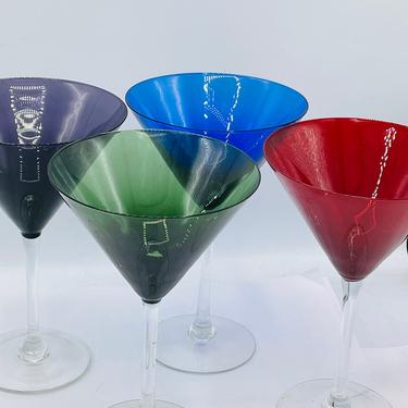 Vintage (4) Multi Colored Martini Manhattan Glasses set Clear Stemmed -Glass- Chip Free Condition Red Blue Green Purple 