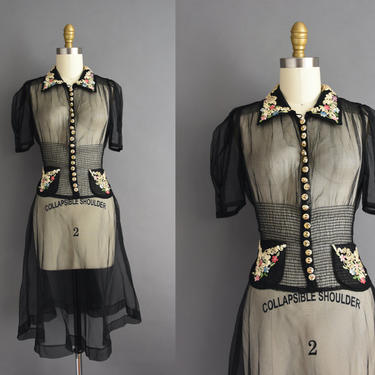 vintage 1940s | Outstanding Black Sheer Floral Short Sleeve Dress | Small Medium | 40s dress 