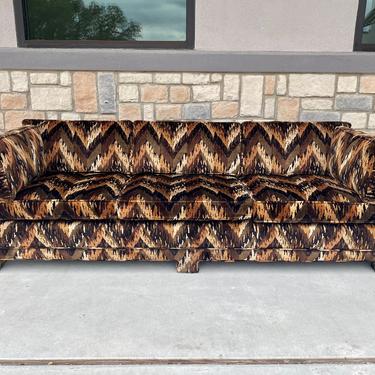 Designer Mid Century Modern 92” Long Parsons Sofa Upholstered in Velvet Chevron Fabric 