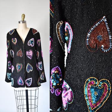 Royal Feeling sequin hearts silk jacket, art deco beaded long cardigan, love blazer, valentine hearts, 80s black jacket 