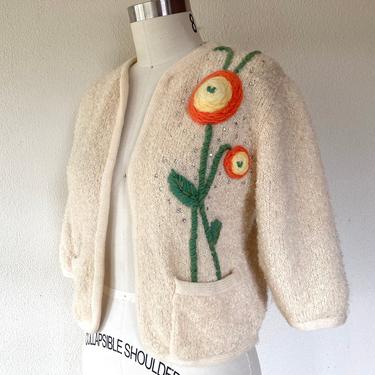 1960s Embroidered boucle wool cardigan sweater with 