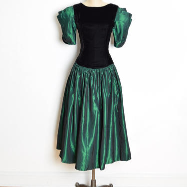 vintage 80s prom dress black velvet green taffeta puff sleeve party gown M clothing 
