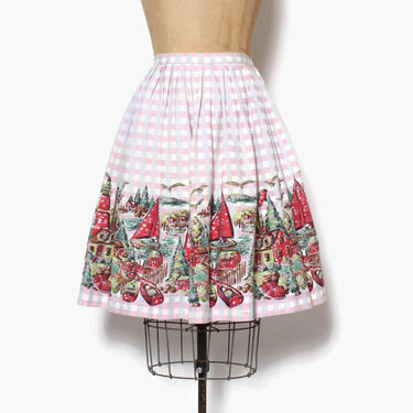 Vintage 50s Novelty Print SKIRT / 1950s Lighthouse Sailboat Camp Border Cotton Full Skirt 