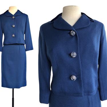 Vintage 60s blue wool skirt suit with round Peter Pan velvet collar 