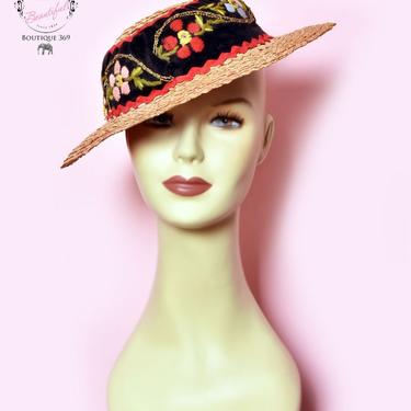 30's - 40's Straw Vintage Hat, Velvet Embroidery, Tilt Top, 1940's, 1930s, 1950s Womens Ladies Antique Scandinavian Hat, Sun Hat Traditional 