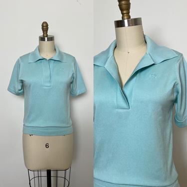 Vintage 1970s Givenchy Sport Shirt 70s Knit Turquoise Designer Top 