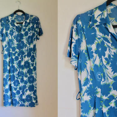 Vintage 1960s Blue Floral Nylon Shirt Dress / M 