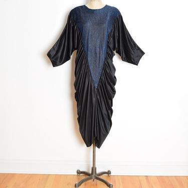 vintage 80s dress black metallic iridescent blue draped ruched party prom L XL clothing 