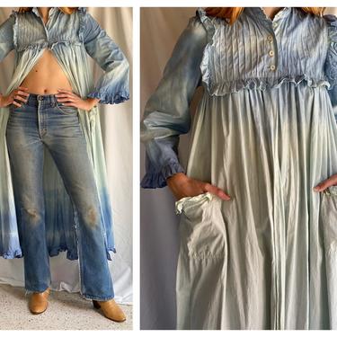 Indigo Dyed Duster / Vintage Boudoir 90's Cotton Robe / Tie Dye Blue and Cream Maxi Gown Dress 