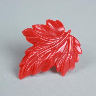 1940s Red LEAF Dress Clip | Vintage 40s Bright Red Carved Plastic Dress Clip 