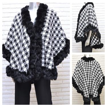 Vintage Black and White Houndstooth Cape with Fur Trim Women’s Wool Wrap Shawl Jacket Made in USA osfa 