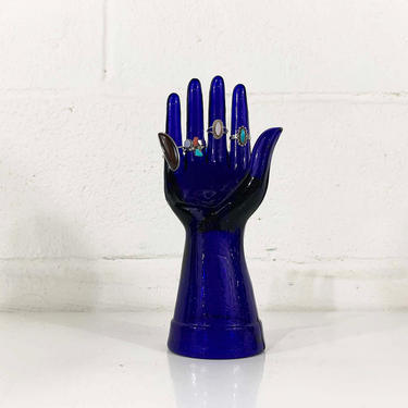 Vintage Blue Glass Hand Statue Jewelry Display Holder Photography Prop Cobalt Figurine Rings Vanity Dresser Storage 