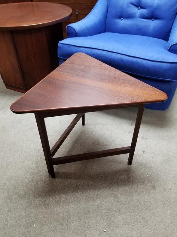 Danish Modern walnut triangular folding side table by Selig