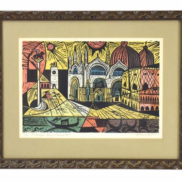 Irving Amen “Piazza San Marco” Vintage Woodblock Print Limited Edition Signed 