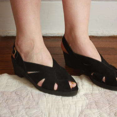 70s 80s Black Block Heel Slingback Sandals Platform Suede Huarache Size Women's 9.5 