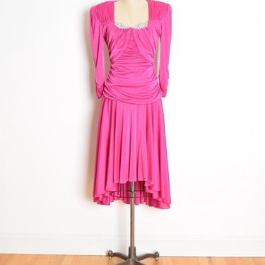 vintage 80s dress pink coffin ruched draped cocktail party midi dress M clothing 