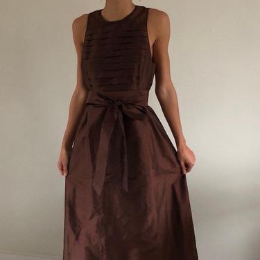 90s raw silk dress / vintage Nicole Miller brown raw silk dupioni ankle length sleeveless empire maxi wedding guest dress | XS S 