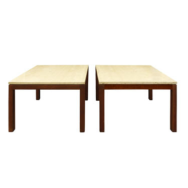 Pair of Clean Line End Tables in Teak and Travertine 1970s