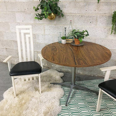 LOCAL PICKUP ONLY Vintage Table Retro 1970s Brown Wood Round Dining Table with Wood Grain Laminated Surface on Detachable Metal Base 