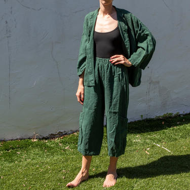 90s linen pant suit | two piece set | Brynn Walker | emerald green | vintage 