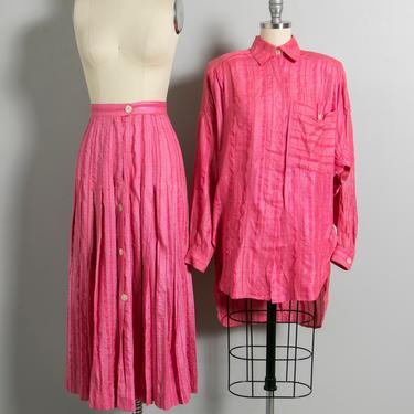 1980s Silk Ensemble Pink Blouse Skirt Set S 