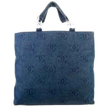 Vintage CHANEL CC Logo Monogram DENIM Fabric Handbag Tote Shoulder Purse Carryall 