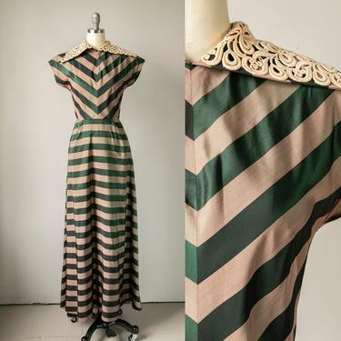 1940s Dress Taffeta Chevron Gown M 