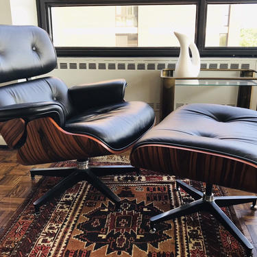 Modern Mid Century  Eames Replica Black Leather Lounge Chair &amp; Ottoman 