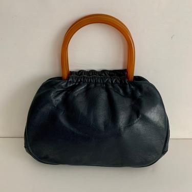 1960s Ingber Navy Leather handbag with Bakelite handles 
