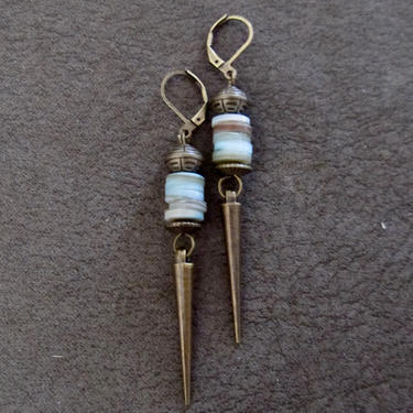 Long shell earrings, light blue, unique modern earrings, stacked sea shell earrings, statement earrings, bold bronze earrings, boho chic 