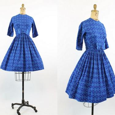 1950s Miss Trude cotton dress xs |  vintage geometric print cotton dress 
