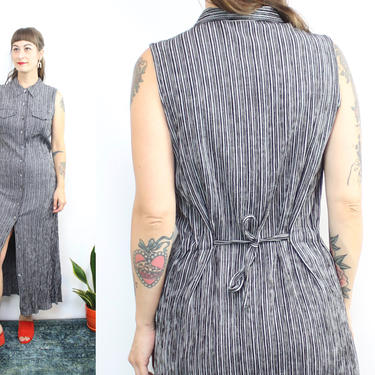 Vintage 90's Striped Black and Gray Minimalist Midi Dress / 1990's Button Front Dress / Sleeveless / Rayon / Women's Size Small by Ru