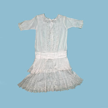 Vintage 1920s Dress Embroidered White Cotton with Valenciennes lace Size XS Junior 