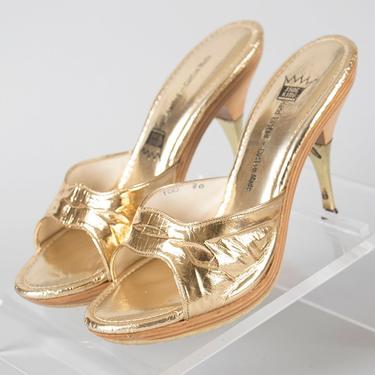 Vintage 1960s Shoes | 60s Metallic Gold Pollys Style Wood Platform Open Toe Slingback Stiletto High Heels (size US 6) 