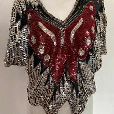 80s silver sequinBUTTERFLY cape blouse top, sequin red beaded butterfly top, disco party top, vintage cocktail blouse fun festival top s m l 