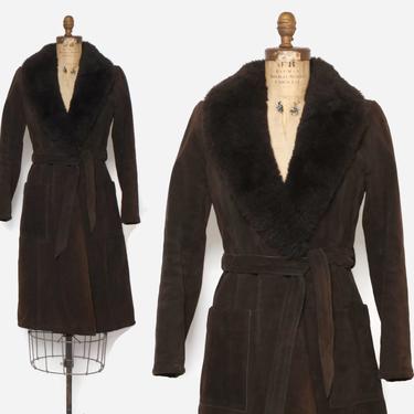 Vintage 70s Shearling &amp; Suede COAT / 1970s Belted Brown Leather Fluffy Fur Collar Trench by luckyvintageseattle
