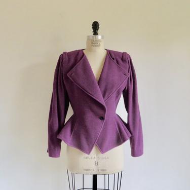 Vintage 1980's Ungaro Purple Lilac Wool Jacket with Peplum Large Pleated Shoulders 1940's Style French Designer Fall Winter Neiman Marcus S 