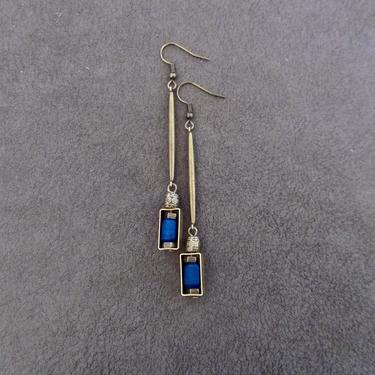 Blue lava rock earrings, modern earrings, rustic bronze earrings, mid century modern earrings, unique statement earrings, primitive ethnic 